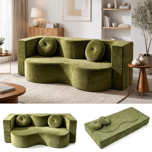 LVRUIEDS Sofá Sin Huesos, Sofá-Cama Convertible para Sala De Estar, Dos Plazas Comprimido Espuma Alta Densidad, Tela Tejida Desmontable, Ensamblaje, con 2 Almohadas(Green,200x100CM)