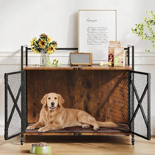 Hundekäfig Möbel | Hundebox aus Metall und Holz | Hundehaus mit 2 Türen | Hundehütte Endtisch | Hochbelastbarer Hundekäfig mit Stauraum Oben für kleine mittlere große Hunde, 52x79x73cm