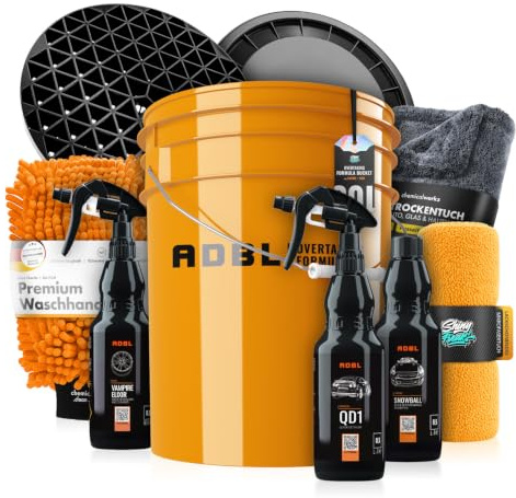 ADBL Wascheimer 20 Liter Autopflege Set mit Shampoo Felgenreiniger Detailer Waschhandschuh und Tüchern | Handwäsche & Pflege | 10-teilig