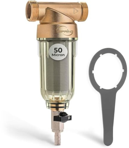 iSpring WSP-50 Spin Down Sediment Water Filter, Whole House Reusable Flushable Prefilter for Well Water, 50-Micron, 1 MNPT + 3/4 FNPT, Lead-Free Brass