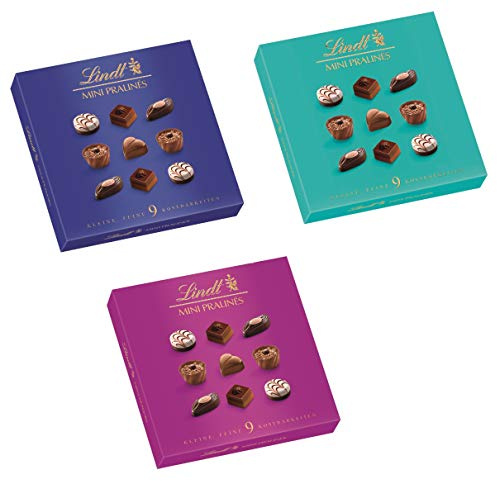 Lindt Schokolade - Mini Pralinés | Pralinen-Schachteln in 3 Varianten (Blau, Türkis und Brombeer) mit 9 Pralinen in 5 köstlichen Sorten| Pralinengeschenk | Schokoladengeschenk