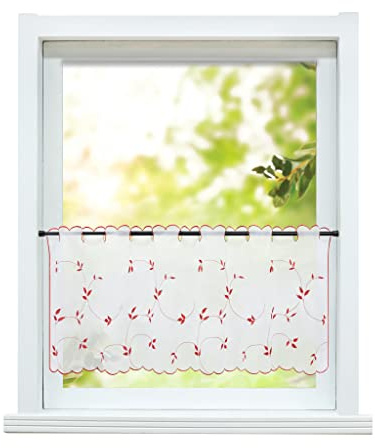 ESLIR Scheibengardine Landhaus Bistrogardine Küche Gardinen Transparent Vorhänge mit Stickerei Kurzgardine Voile mit Stickerei Rot BxH 120x45 cm 1 Stück