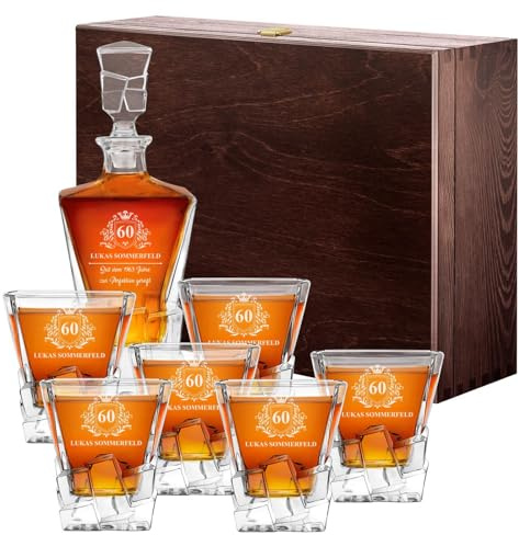 Maverton 950 ml Whiskey Karaffe + 6er Whiskygläser Set mit Gravur - Whisky Dekanter - Weihnachtsgeschenke - luxuriöses Design - Kristallglas - für Männer zum Geburtstag - Krone