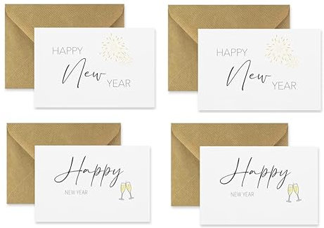 4 Premium-Neujahrskarten Klappkarte 10,5x14,8cm - mit 1 Naturumschlag - frohes neues Jahr Grußkarte happy new year Karte für das neue Jahr Neujahrswünsche