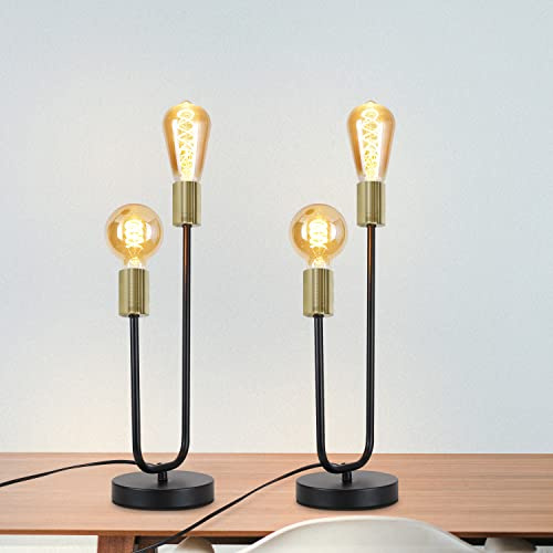 CBJKTX 2er Tischlampe Vintage Tischleuchte E27 - Retro Nachttischlampe in | Schwarz Gold mit 2 Flammig Industrial Schlafzimmer Nachtlicht aus Metall Schreibtischlampe mit Kabel für Wohnzimmer