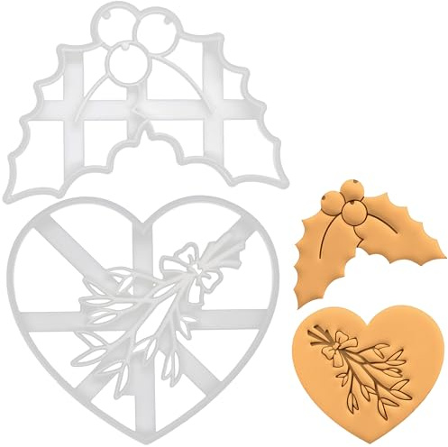 Bakerlogy 2-teilige Weihnachten Ausstechformen: Europäische Stechpalme & Mistelzweig im Herzen, 2 Stück