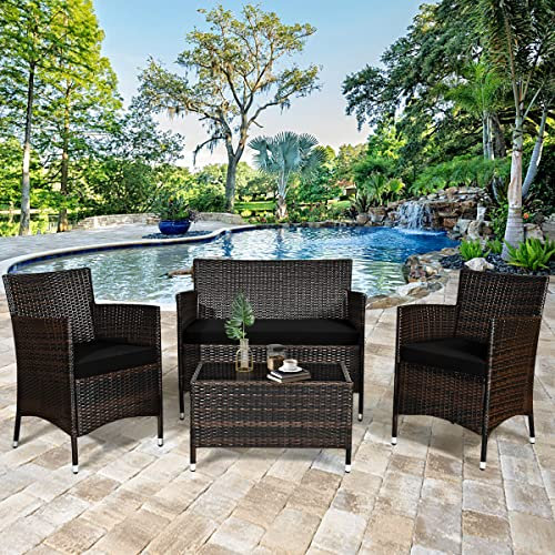 GIANTEX Gartenlounge Outdoor Möbelsets, Garten Lounge Set Rattan Gartenmöbel, Sitzgruppe 4 Personen Tisch 2 Stühle Sitzbank, mit Sitzkissen, Balkonmöbel Kleiner Balkon, Sitzgarnitur Frei kombinierbar