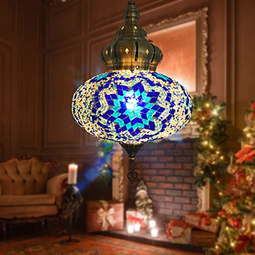 BOTOWI (12 Colors) Hanging Ceiling Mosaic Lamp Light Chandelier, Turkish Moroccan Pendant Lights, Multicolor Decorative Colorful Glass Globe Fixtures Living Room Bedroom Home Decor,blue