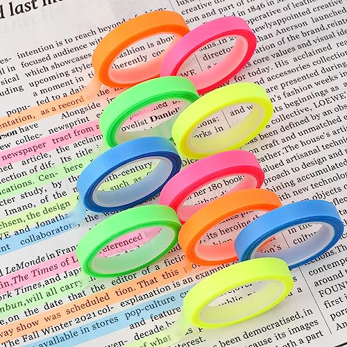 10 rollos de notas adhesivas fluorescentes para resaltar tiras adhesivas transparentes de colores, 6 mm x 5 m, despegables, pestañas de índice para profesores, estudiantes, clases, oficinas