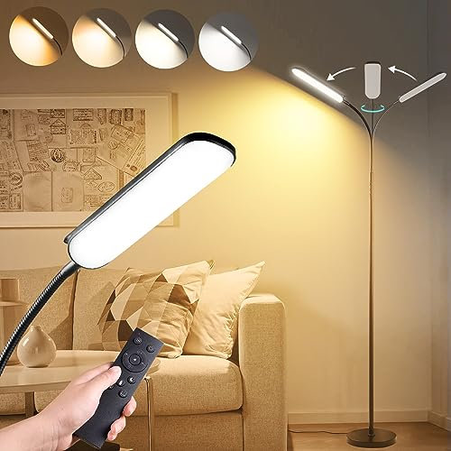Yikuneng Lampada da Terra LED Dimmerabile, 18W 1800LM Luminoso Lettura Piantana con 4 temperatura di Colore,Telecomando Magnetico, Collo D'oca Flessibili a 360°,Timer 1H, per Soggiorno Letto Ufficio