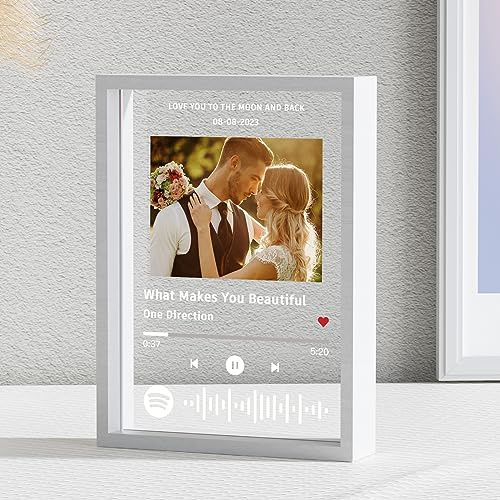 witfox Personalized Spotify Plaque - Custom Acrylic Song with Photo & White Frame - Perfect Music Picture Frame Gifts for Anniversary, Birthday, Couples