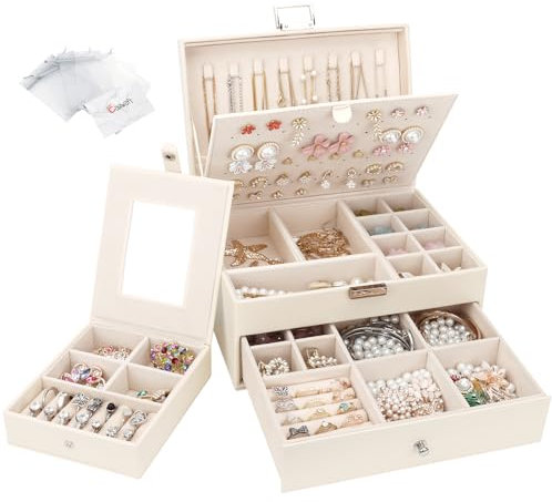 Casiwaft Boîte à Bijoux en Cuir avec Tiroir, Coffret à Bijoux 2 Couches Grande Capacité avec Boîte de Voyage Portable, Rangement Bijoux pour Bagues, Colliers, Bracelets, Beige