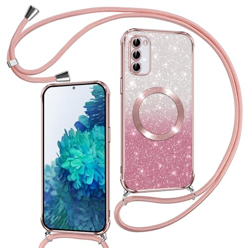 Phoona Hülle für Samsung Galaxy S20 FE mit Band, Rosa | [Kompatibel mit MagSafe] Luxuriöse Glitzer Beschichtung Magnetische Handyhülle zum Umhängen Kordel Silikon Stoßfest