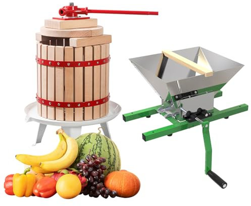 Moulin à Fruits et Pressoir à Fruits Broyeur de Fruits Faire Cidre Broyeur Pressoir à Vin en Bois Massif avec 6 Blocs de Manuel Pressoir pour Pressage de Vins Jus de Fruit Cidres Purées,18LA+7LB