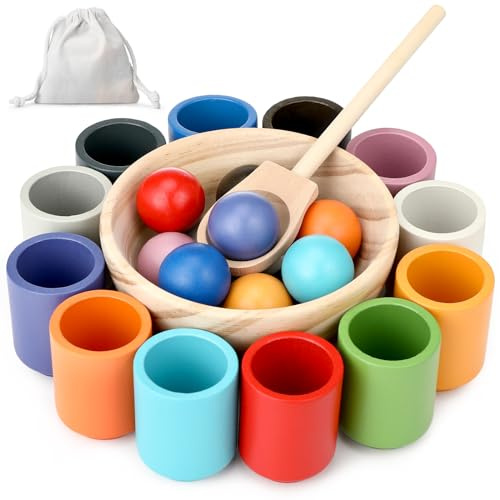 Giocattoli Montessori in Legno, Giocattolo di Sorter Gioco, 12 Palle 30mm,Colore di smistamento e Il conteggio in età prescolare Learning Education Giocattolo, per i Più Piccoli 2-5 Anni Regalo