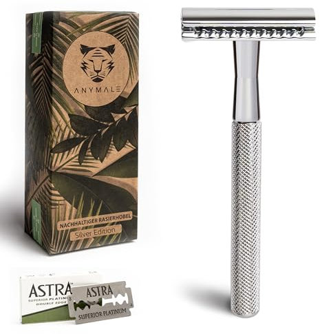ANYMALE® Rasierhobel - inklusive 5 ASTRA Klingen - Nachhaltiger Rasierer aus Metall Silber