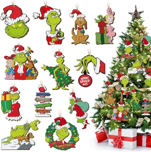 24PCS Grin-ch Décorations de Sapin de Noël, Ornement de Sapin en Bois avec Corde, Ornements pour la Décoration Intérieure