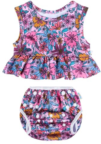 babygoal Baby Girl Swimsuits with Reusable Swim Diaper 2-Piece, Tankini Bathing Suit Swimwear for Toddler 12-36 Months,Pink Flowers