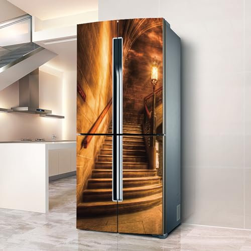 Targawerelax Pegatinas para refrigerador, Adhesivo para Nevera, Cubierta Completa para Puerta, Cubiertas para frigorífico, Pegatinas de Pared para calcomanía de Cocina, Retro Castle Stairs