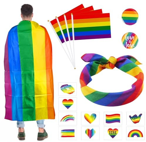 GAROMIA 17 piezas de accesorios del orgullo gay fiesta arco iris capa diadema LGBTQ insignia tatuaje arco iris banderas para mujeres hombres orgullo fiesta orgullo paraíso