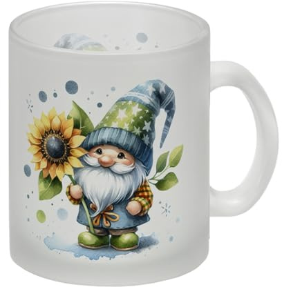 Gartenzwerg mit Sonnenblume Glas Tasse Zwerg mit Sonnenblume - Gartenfigur Dekorative Zierpflanze Skulptur Blume Tasse im Gartenzwergdesign