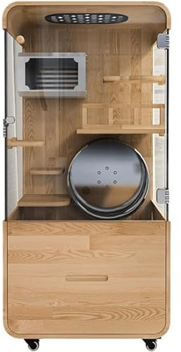 HSHTTKL Katzenschrank aus massivem Holz, Katzenbett aus Aluminiumlegierung, Katzenhaus mit Laufrad aus Edelstahl für Katzen, luxuriöse Katzenvilla mit Mehreren Funktionen