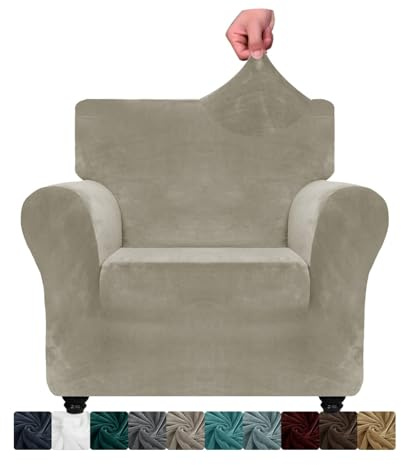 CHELZEN Samt Stuhlabdeckungen für Sessel 1 Sitzer Dicke Stretch Couchbezüge für Hunde Haustiere rutschfeste Stuhlabdeckung mit Armmöbeln Schutz für Wohnzimmer (1 Sitzer, Khaki)