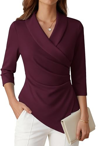 GRACE KARIN Women's Summer 3/4 Sleeve Tops Elegant Wrap V Neck Ruched Surplice Wrap Blouse Office Top Dark Red XL