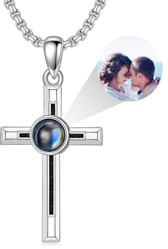 Dorunmo Personalisierte Projektion Bild Anhänger 925 Sterling Silber Halskette Kette mit Foto Bild Anhänger Kreuz Kette Geburtstag Jubiläumsgeschenke für Herren/Ehemann/Papa Schmuck(Silber)