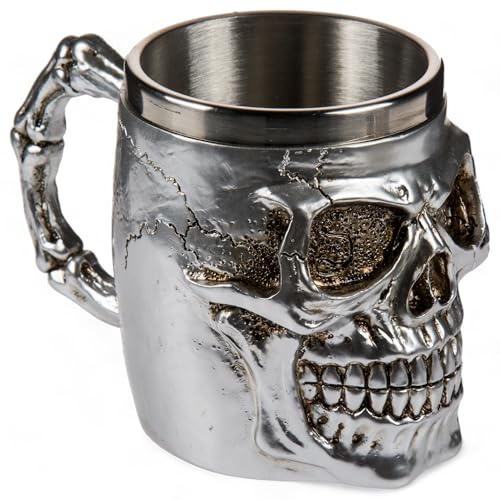MIJOMA 3D Totenkopf Henkelbecher, Kunststein und Edelstahl, 16x11 cm, 400 ml – Perfekter Halloween Kaffeebecher oder Bierkrug, Gothic und Mittelalter Deko (silberfarben - Big Skull)