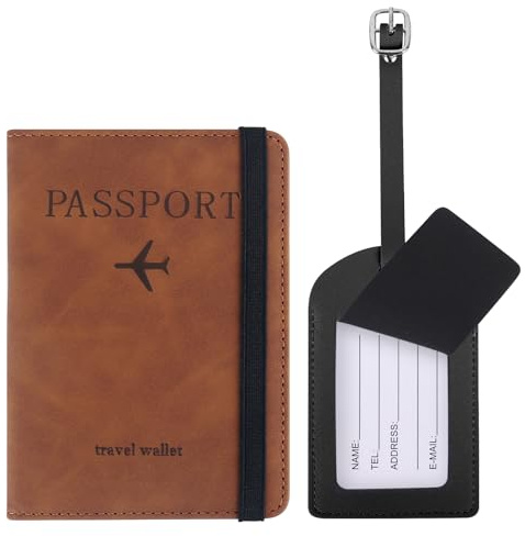 RUCUDIM 2 Pezzi Porta Passaporto da Viaggio, Custodia Porta Passaporto e Etichette Valigie, Portapassassaporto, Custodia Passaporto da Viaggio Pelle PU, Supporto per Carte D'Identità(Marrone)