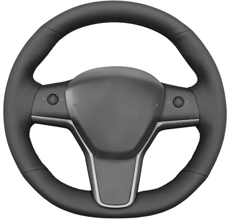 MEWANT Hand Stitch Black Genuine Leather Steering Wheel Cover Wrap for Tesla Model Y 2020-2023 Model 3 2017-2023 | Custom Fit for Tesla Model Y 2020-2023 Model 3 2017-2023 Black Genuine Leather Breathable For Heated Wheels Durable