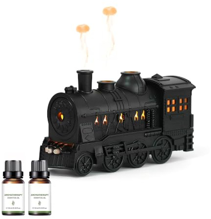 Lonyiabbi Retro Dampfzug Aroma Diffusor Set mit 2 Ölen 300ml | Warmweißes Ambientelicht, leiser Betrieb, dekoratives Wohnaccessoire, nostalgischer Stil