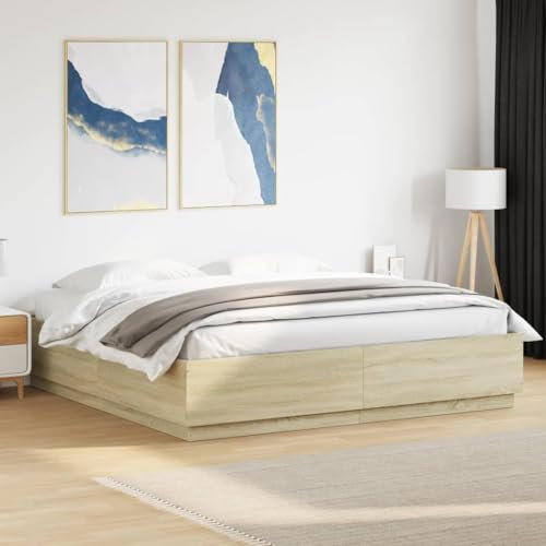 IKAYAA Bettgestell 200 x 200 cm Bett mit LED-Beleuchtung, Lattenrost Bett mit led Jugendbett 200x200 Bed Frame für Erwachsene & Jugendliche-Sonoma Eiche-200 x 200 cm