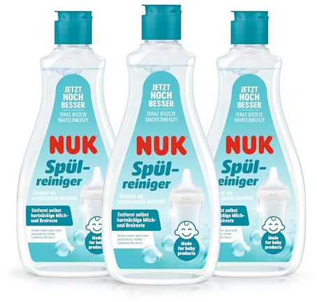 NUK-nappflaskrengöring | 500 ml | Perfekt för rengöring av babyflaskor, nappar och tillbehör | doftfritt rengöringsmedel | pH-neutral | 100% återvinningsbar flaska | 3 stycken