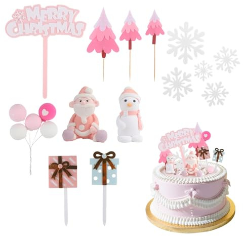 XIAQICA Weihnachts Tortendeko Set 7 Stück Tortendeko Weihnachten Cupcake Topper Weihnachten Rosa Weihnachtsmann Schneemann Schneeflocke Tannenbaum für Kuchen Deko Weihnachtens