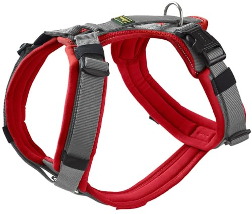 Hunter Hundegeschirr Maldon UP, Farbe: rot/grau, weich gepolstert & komfortabel, stark reflektierend durch 3M Scotchlite, 4-Fach verstellbar, mit gepolstertem Griff (ab S-M), Größe: S-M