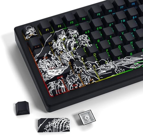 LQXQ 131 touches Keycaps PBT, Custom Keycap Cherry Profile Shine Through, Wave of Kanagawa Double Shot Keycaps Side Print, Dye Sub Keycap Set, Noir