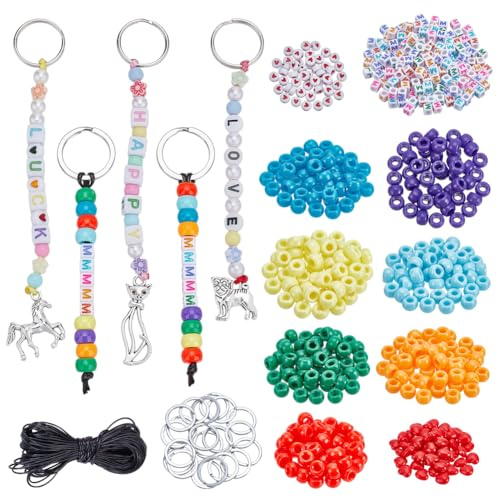 arricraft 600 Stück DIY Perlen Schlüsselanhänger Kits Schlüsselanhänger Zum Basteln Verstellbare Buchstabenperlenstränge Geschenk Alphabet Perlen Schmuck Schlüsselring Schmuckzubehör