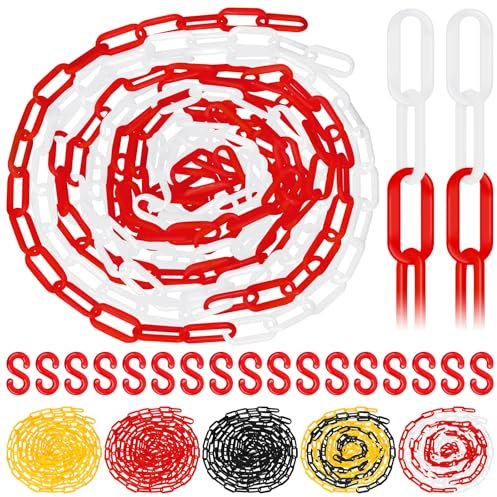 Glarks 21pcs 5M x 6mm Plastic Chain Barrier with S Hooks, Red-white Plastic Chain Links, Safety Barrier Chain, Weatherproof Plastic Safety Chain for Crowd Control, Queue Line, Parking