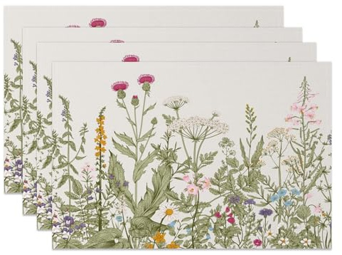 MIRRORANG Juego de 4 manteles individuales vintage con hierbas y flores silvestres de 45x30cm, manteles de lino con plantas de jardín florales, manteles de mesa botánicos lavables de verano para