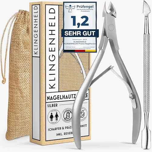 KLINGENHELD® Precis nagelbandstång med 1 nagelbandsskydd – mycket lätt att hantera och extra vass – med resväscke i 100% bomullstyg utan plast och hållbart – nagelbandssax