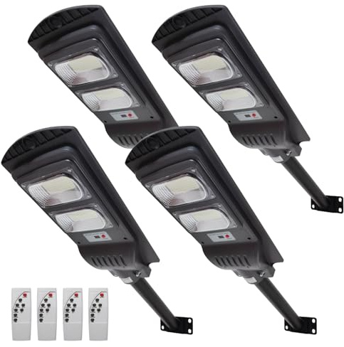 LED ATOMANT Lote de 4 Farolas Solares Exterior LED 100W, Color Blanco Frio, IP65, con Sensor de Movimiento y Mando, Farola LED Exterior Solar Potente para Jardin y Calle, Incluye soporte