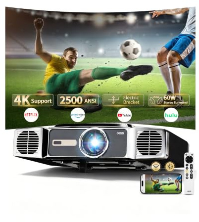 [60 W grande suono stereo e 2500 luminosità] Proiettore Dess con WiFi e Bluetooth, proiettore Hometheater, con supporto elettrico, messa a fuoco automatica e keystone, supporta decodifica 4k