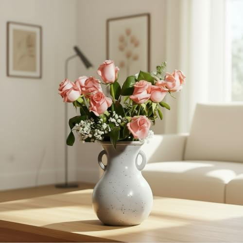NiHome Keramikvase 20 cm mit Griffen, Blumenvase aus Keramik für Blumen, Moderne Vase für Tischdeko, Wohnzimmer, Hochzeit, Regal oder Schreibtisch, Dekorative Vasen für Tulpen, Rosen und Pampasgras