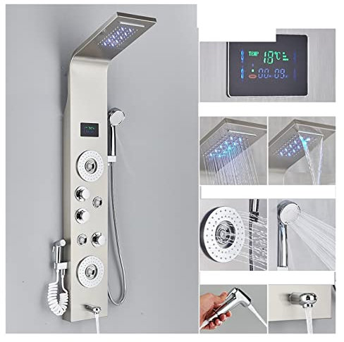 Panneau de douche, LED Noir Robinet De Douche Salle De Bains SPA Massage Jet Colonne De Douche Système Cascade Pluie Panneau De Douche Bidet Pulvérisateur Robinet(Brushed Nickel 8006A)