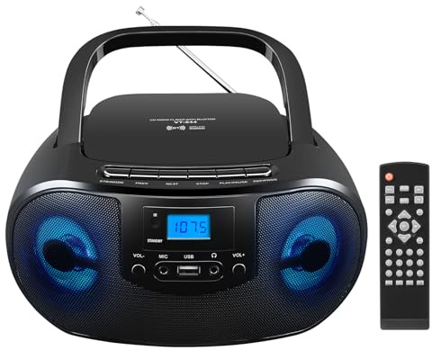 Boombox portatile con lettore CD con radio FM, stereo con caricamento dall'alto per casa, Bluetooth, telecomando, luce LED, jack cuffie/microfono, supporto CD-R/RW/MP3-CD, USB, display LCD, nero