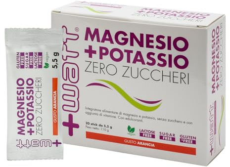 Magnesio + Potassio Zero Zuccheri - Integratore alimentare in polvere a base di magnesio e potassio da fonti ad alta biodisponibilità, con vitamine C, E e A. Senza zuccheri, con edulcoranti - WATT