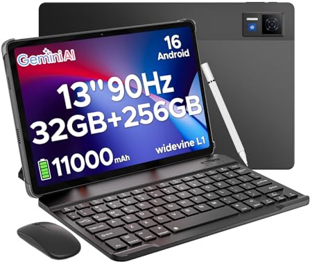 U13 Android 16 Tablet 13 inch Tablets, 32GB RAM+256GB ROM(2TB TF) Android Tablets with 1920×1200 90Hz Screen & 13MP/5MP Camera, 11000mAh Battery Gaming Tablet with Keyboard Mouse Pen Case-Black