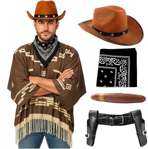 Cowboykostym för vuxna – X-Large – mörkbrun poncho, brun stjärnprydd cowboyhatt, svart bandana, vapenhölster, falsk cigarr – herr vild väst bandit pistoler västerländsk maskeraddräkt